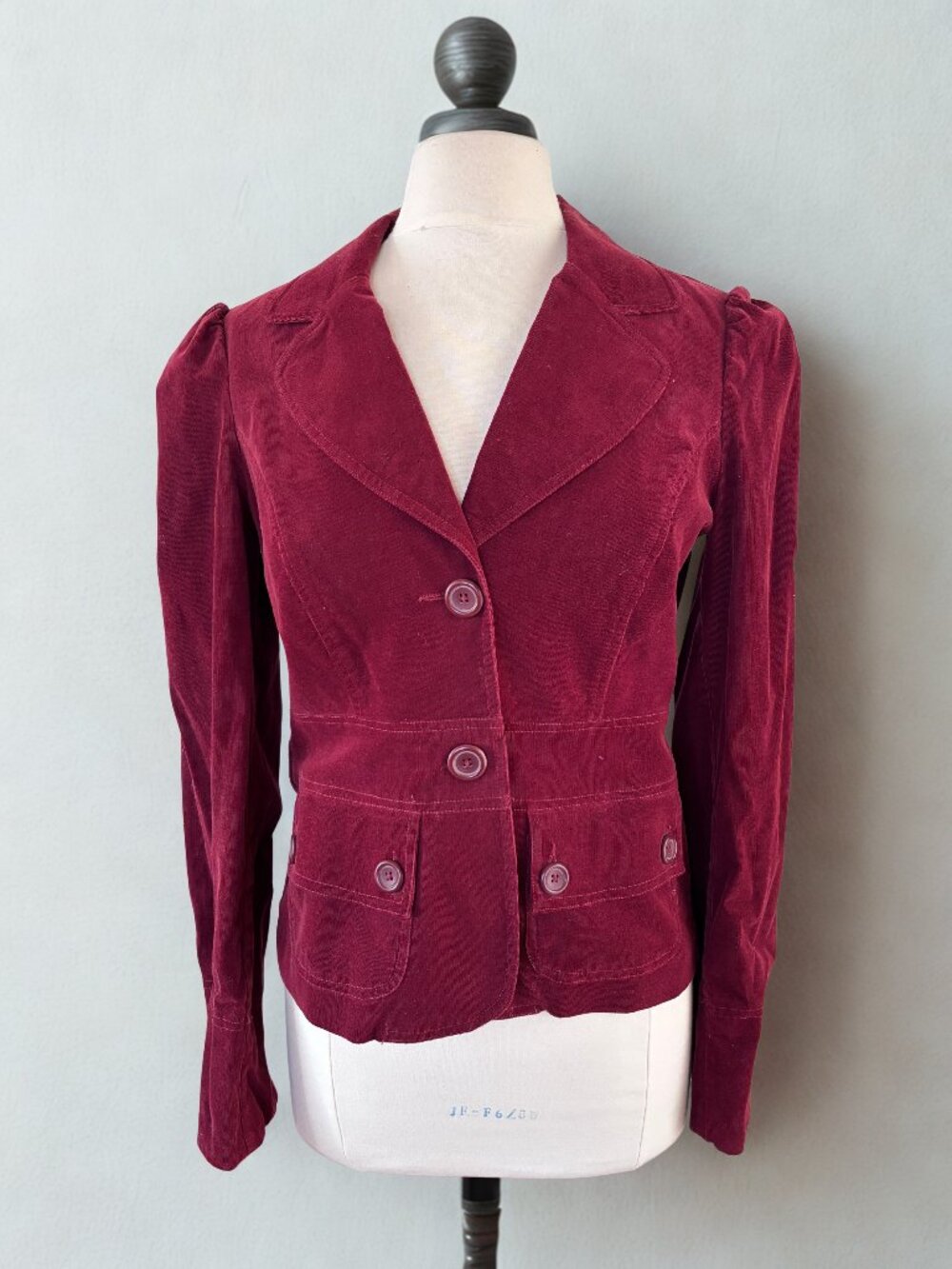 Cute Dark Red Corduroy Jacket with Pockets Size L